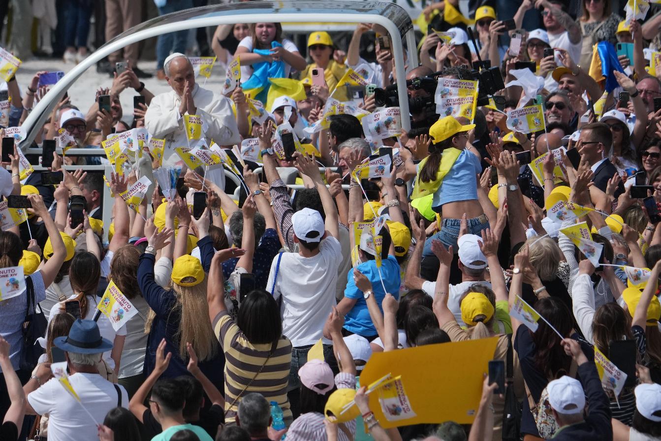 Pope Leo XIV arrives in Calipari Square in Acerra, near Naples, Italy, Saturday, May 23, 2026. (AP Photo/Andrew Medichini)