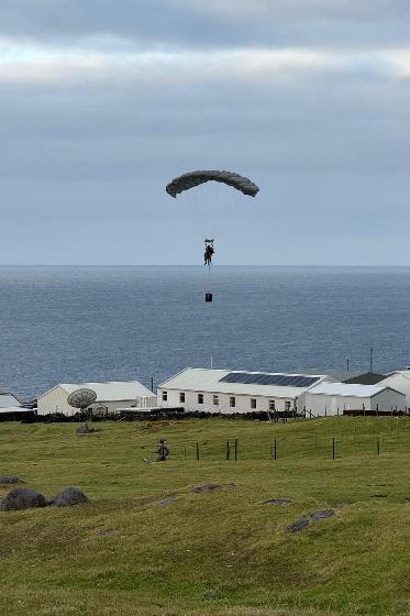 British Army medics parachute onto the south Atlantic territory of Tristan da Cunha, where one of the 221 residents has a suspected case of hanatavirus, Saturday, May 9, 2026. (British Ministry of Defence via AP)